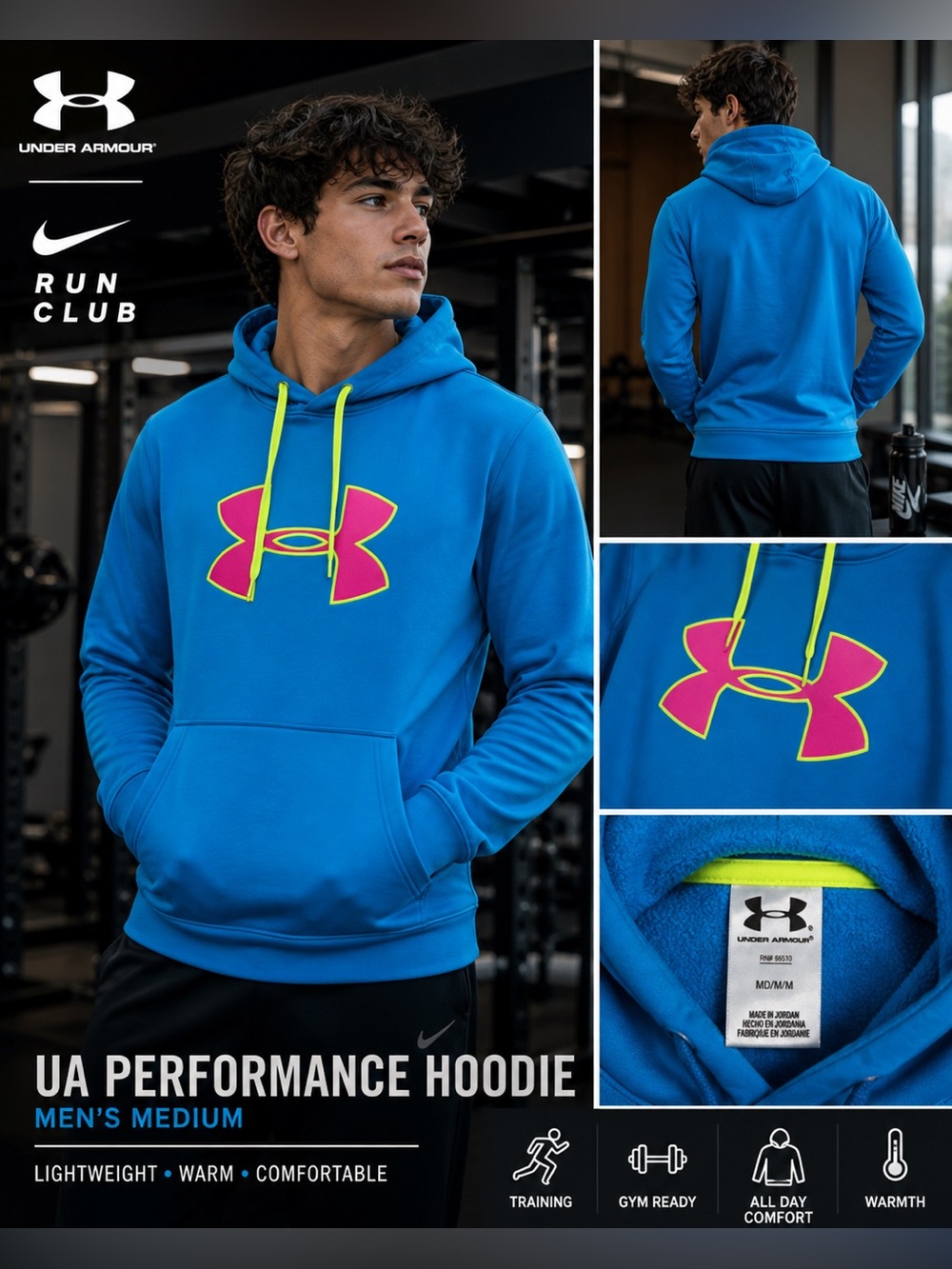 Under Armour Blue Hoodie Neon Logo Pullover Sweatshirt Men’s Medium